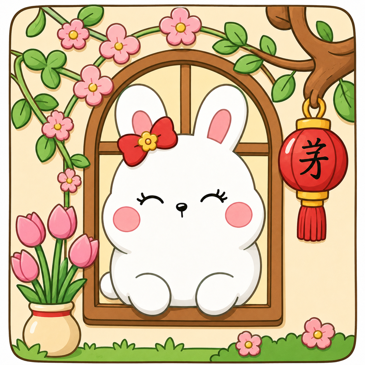 Colored example — a white bunny with a red bow at a wooden window framed by cherry blossoms, tulips and a paper lantern